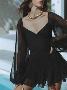 Short Fitted Dress With Long Sleeves, Mesh Detailing, Bow And Open Back, Solid Color And Casual Style - 黑色 - 查看 4