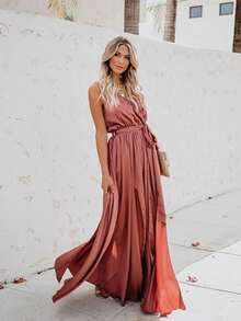 Vestido largo de talla grande sin mangas con escote en V y abertura alta de color sólido - Rosa - Ver 4