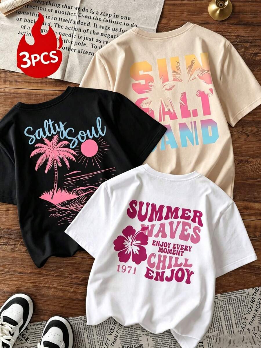 Set de camisetas de manga corta Prenda individual, no un conjunto de 3 piezas, 1 piezas/set de camisetas de manga suitable for streetwear, Top oversized cuello redondo daily outings, camping, concerts, hip-hop, rock, and rap events cuello redondo y estampado floral minimalista y moderno, de uso versátil y casual para mujer - Negro - Ver 1