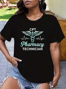 Camiseta de Talla Grande para Mujer con Estampado de Farmacéutica - Manga Corta Casual con Diseño de Bastón de Serpiente, Top Beige Adecuado para Uso Diario, Uso en Todas las Estaciones |   Ropa Casual Estampada |   Camisa Texturizada Brillante, Camiseta de Mujer, Corte Holgado, Tela Suave, Material Cómodo, Camisa Estampada, Ropa de Trabajo - Blanco - Ver 6