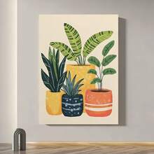 Enmarcado 1 pieza de arte mural moderno en lienzo: plantas vibrantes en macetas de colores, pintura botánica enmarcada en  maciza de 11.81 x 17.72 pulgadas, decoración lista para colgar para sala de estar, oficina, bar, arte mural en lienzo listo para colgar, arte para oficina, arte abstracto de plantas, montaje con gancho - Enmarcado - Ver 2