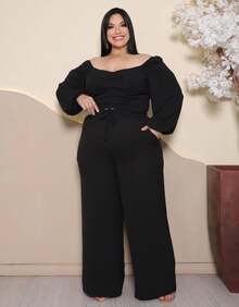 Plus Size Set: Off-The-Shoulder Cropped Top And Elegant High-Waisted Lined Palazzo Pants - 黑色 - 查看 8