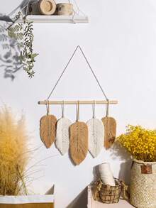 1 pieza Colgante de pared con hojas estilo bohemio, diseño de plumas de colores neutros, arte de pared de macramé, decoración del hogar de estilo bohemio moderno, 5 hojas en una vara de madera, estética vintage y natural, perfecto para la sala de estar, dormitorio, oficina, entrada, agrega un ambiente acogedor a interiores bohemios y minimalistas. - A - Ver 3