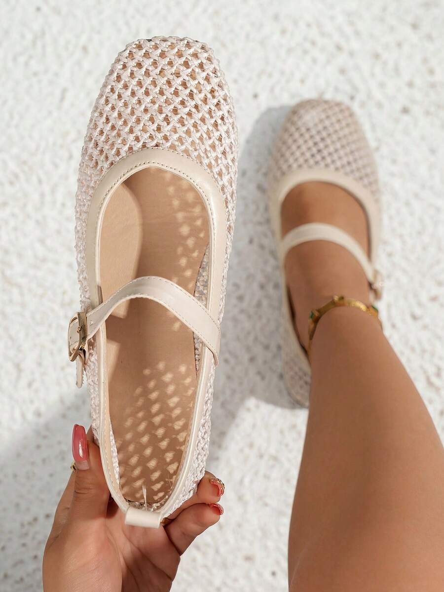 planare New Women's Fashion Woven Mesh Slip-On Shoes With Adjustable Strap Buckle Beige Summer Shoes Elegant Women's Shoes Comfortable Women's Shoes Ballet Shoes Mary Jane Shoes Cute Shoes Comfortable Women's Shoes Apartment Women's Apartment Black Shoes Elegant Women's Shoes Mary Jane Shoes Mules Shoes Summer Women's Shoes Summer Vacation Women's Shoes Mary Jane Women's Shoes Ballet Shoes Women's Shoes Comfortable Women's Shoes Cute Shoes Black Shoes - Beige - View 1