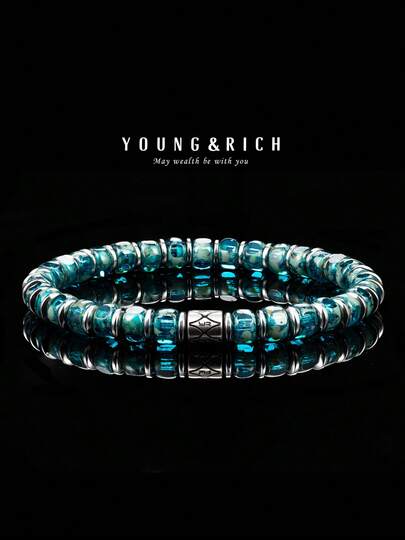 YOUNG&RICH YOUNG & RICH Men's Blue Glass Bracelet, Cool Tone Beaded Jewelry Gift For Men