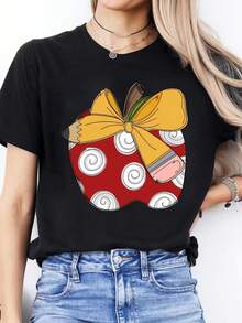 Casual Spring Summer T-Shirt With Spanish Letter Print, Round Neck, Short Sleeve, Sports T-Shirt, Top For Women - 黑色 - 查看 6
