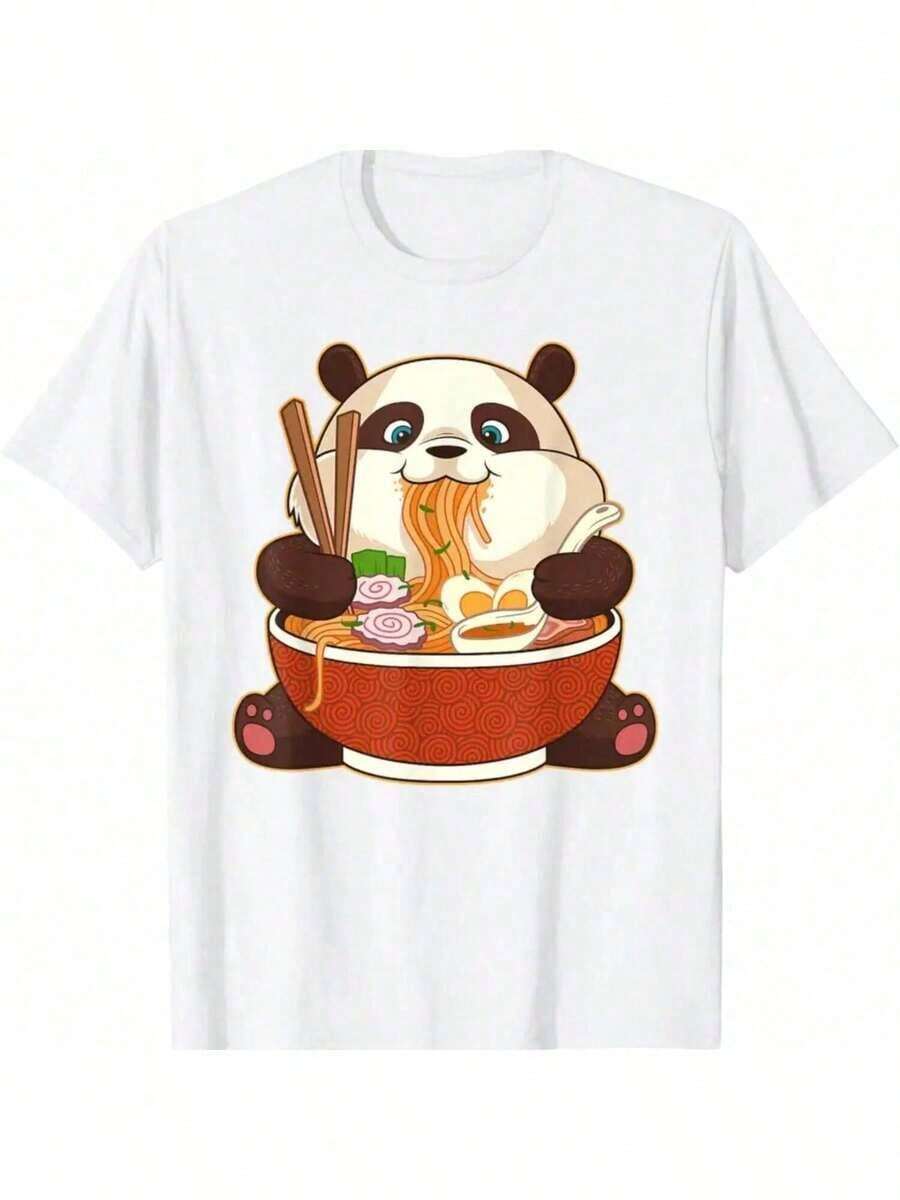 Women's Short-Sleeved Knit T-Shirt, Casual And Cute Style, With Panda Eating Ramen Design, Round Neck, Regular Fit - Urban Vintage Style, Unisex, Loose, Cotton, Short-Sleeved And Round Neck. - 白色 - 查看 1