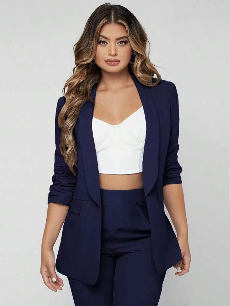 Traje de blazer con cuello de chal y pantalones para otoño/invierno - Azul marino - Añade 5