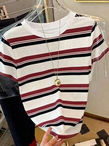Camiseta de manga corta con cuello redondo, estampado floral y degradado de color para mujer - Multicolor 12 - Ver 3