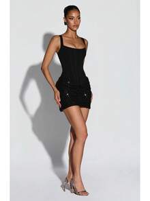 Corset Sequin Dress Ladies With Spaghetti Straps And Sparkly Hem Party - Black - View 4
