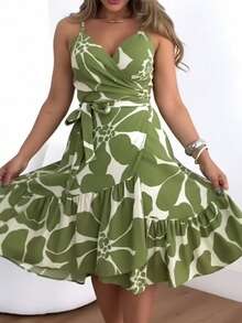 Vestido primavera estilo europeo cuello V estampado con volantes elegante y de moda para mujer - Verde - Ver 2