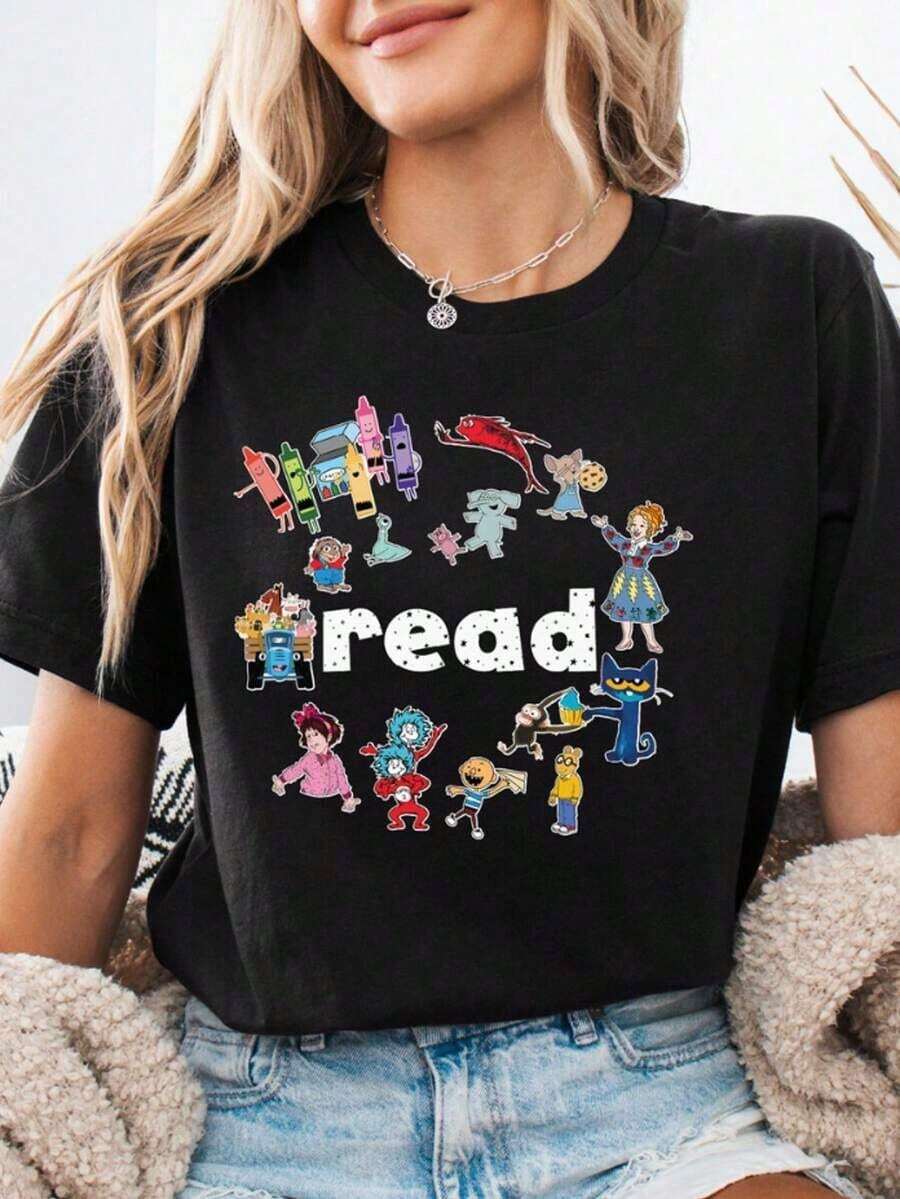 1 pieza Camiseta de Profesor con Estampado de Libros para Niños Comfort Colots, Camisetas Gráficas Oversize para Mujer, Camiseta para Amantes de los Libros, Camiseta de Profesor de Primaria, Camiseta de Jardín de Infancia, Camisetas y Blusas de Verano para Mujer, Camiseta de Manga Corta de Algodón Puro con Cuello Redondo, 180g 100% Algodón, todos los diseños están impresos. Unisexo. - Negro002 - Ver 1