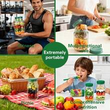 2 Stücke tragbare Salatschüssel Set, inklusive 75ml Soßenbehälter, 304 Edelstahl Salatbesteck und auslaufsichere Salatdose mit seitlichen Öffnungen und Portionsanzeige, geeignet für Büro, Fitness und Reisen (Grün) - Verschiedenfarbig - Übersicht 6