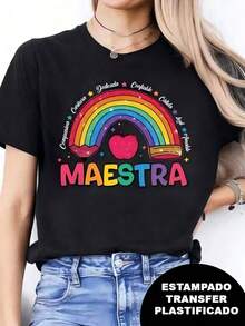 Camiseta Mujer Cuello Redondo Holgada Estampado Arcoíris Maestra - Negro - Ver 1