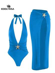 Traje de baño de una pieza con decoración de estrella de mar y falda pareo con abertura alta, diseño elegante para mujeres, adecuado para vacaciones de verano en la playa, color blanco - azul real - Ver 2