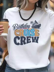 Camiseta Gráfica de Cumpleaños para Mujer, Cuello Redondo Casual, Poliéster, Manga Corta, Top de Verano y Primavera, Tejido de Punto 180g/m², Diseño Estampado - Colección Primavera/Verano Y2k - Blanco - Ver 1