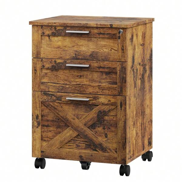 Soonbuy Archivador con 3 cajones con ruedas y cerradura, archivador móvil de madera debajo del escritorio con ruedas con cerradura, organizador de almacenamiento moderno estilo granja, apto para tamaño carta/A4, color marrón rústico para oficina en casa