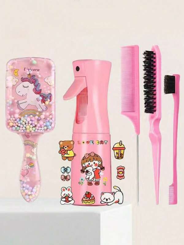6pcs Fashionable Kids Hair Care Set, Cartoon Stickers, (6.8oz/200ml) Continuous Fine Mist Spray Bottle, Cartoon Magic Comb Anti-Static Massage Comb, Unicorn Hair Comb Anti-Tangle Shower Massage Comb Hair Accessories, Home Hair Care Comb, Scalp Massage Comb, Bubble Ball Plastic Comb, Hair Care Pointed Tail Comb, Triple Row Comb, Double Comb Style, Brush, Rat Tail Comb Side Brush, Kids Curly Hair Straight Hair Universal Detangling Comb School Activities/Daily Use/Halloween Gift
