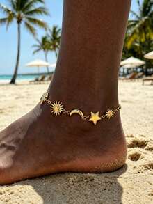YUNCHUN 1 pieza Tobillera con elemento vintage de sol, adecuada para vacaciones, viajes, festivales, vacaciones en la playa, accesorios de joyería, elementos de sol, luna y estrellas, adecuada para regalos del Día de San Valentín, Día de la Madre - Dorado - Ver 3