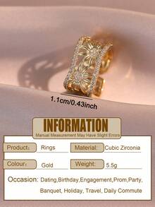 1pc Vintage Simple Flower Square Hollow Out Openable Rings With Cubic Zirconia, Sunflowe Wide Band Ring For Daily Wear,Gift Giving,Aesthetic Wedding - Yellow Gold - View 3