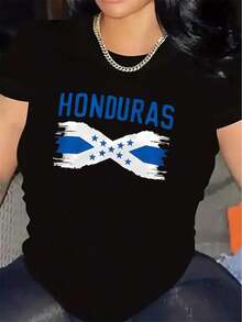 Premium Women's Short-Sleeved T-Shirt With A Honduran Flag Design, Made Of Lightweight Fabric, Suitable For Wearing At Home Or Casual Outings To Restaurants. Offering Durability And Comfort, With A Blue Pattern Print. Simple, Breathable, And Comfortable Solid-Color T-Shirt;  Everyday Casual Top. - 黑色 - 查看 7