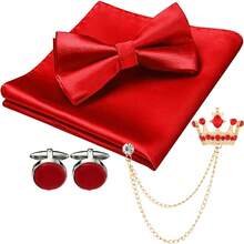 Conjunto de corbata de moño anudada de unicolor, pañuelo de bolsillo, gemelos y broche de solapa para hombres (Corbata de moño + Pañuelo de bolsillo + Gemelos + Broche de cadena colgante) - Multicolor - Ver 12