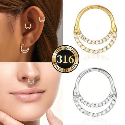 1 pieza Anillo clicker de doble capa de acero inoxidable 316 con pavé de circonita cúbica de 5A - Joyería versátil para perforaciones de septo y cartílago, joyería corporal hipoalergénica para uso diario y festivales