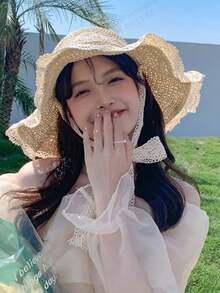 1顶女士草帽，夏季沙滩防晒，日式ins风蕾丝边宽檐，可折叠发货 - 彩色 - 查看 3