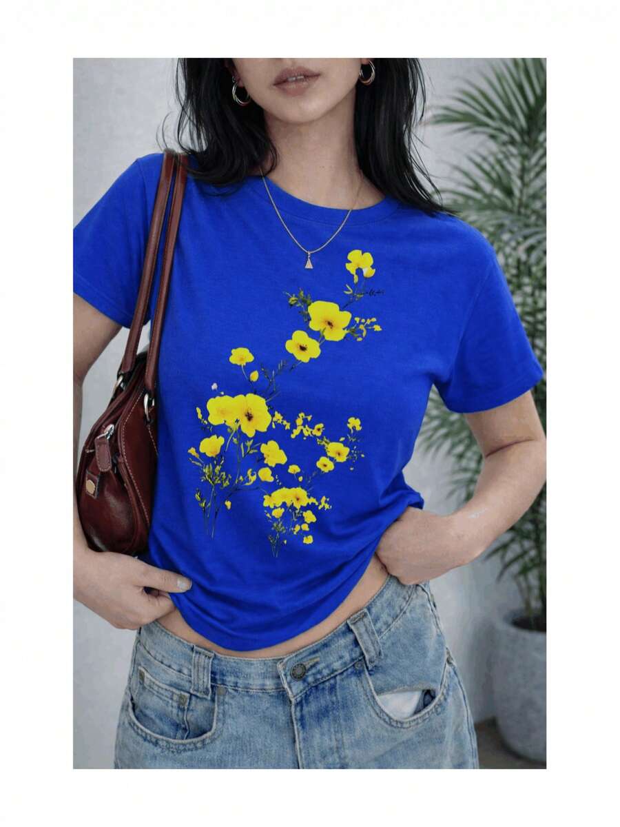 Soft 100% Cotton Women's T-Shirt, Yellow Floral Print, Minimalist, Soft Touch, Short Sleeve, Round Neck, Spring Summer, Casual, Comfortable For Everyday Wear, Breathable Cotton T-Shirt, Matches Everything, Cool. - 藍色 - 查看 1