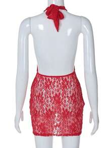 Sensual Halter Dress With Fitted Lace And A Voluminous Effect For Parties - Red - View 8