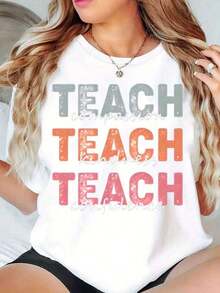 Women's T-Shirt With 'Teach Compassion, Teach Kindness, Teach Confidence' Print, Casual Loose Fit - 白色 - 查看 6