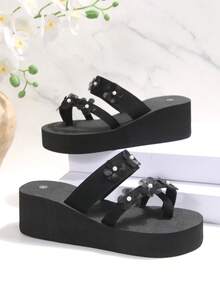 Giày sandal đế xuồng nữ, chống trượt, thoải mái, đế mềm, trang trí hoa và ngọc trai, hở mũi, quai đôi, đế dày, kiểu dáng nghỉ dưỡng châu Âu và Mỹ, thích hợp cho mùa hè, đi biển, hẹn hò, mua sắm, mặc hàng ngày, màu đen. - Hồng - Xem 2