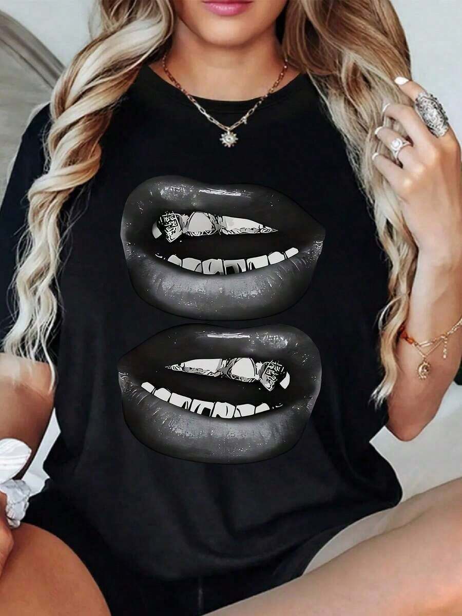 Camiseta de Mujer Estilo Vintage Urbano con Estampado Gráfico de Labios y Dientes Dorados, 220g, Verano, Casual, 100% Algodón, Cuello Redondo, Corte Holgado, Top Negro, 100% Algodón Transpirable - Negro - Ver 1