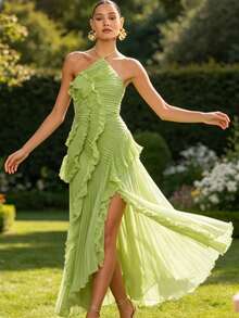 Women's Dresses 2026 Summer New Arrival Women's Fashion Ruched Halter Neck Sexy Bandeau Backless Dress - 綠色 - 查看 1