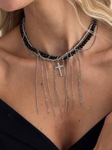 1pc Punk Style Sexy Rhinestone Cross Beaded Pendant Choker Necklace, Charming Dark Vibe Alloy Beaded Cross Necklace For Women, Suitable For Birthday Party, Festival, Daily Wear, Music Festival, Wedding Fashion Jewelry - Collar - View 2
