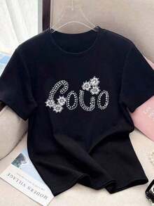 Camiseta Casual de Manga Corta para Mujer, Estampada por Transferencia Térmica, Corte Holgado. Camiseta moderna y fresca. - Negro - Ver 7
