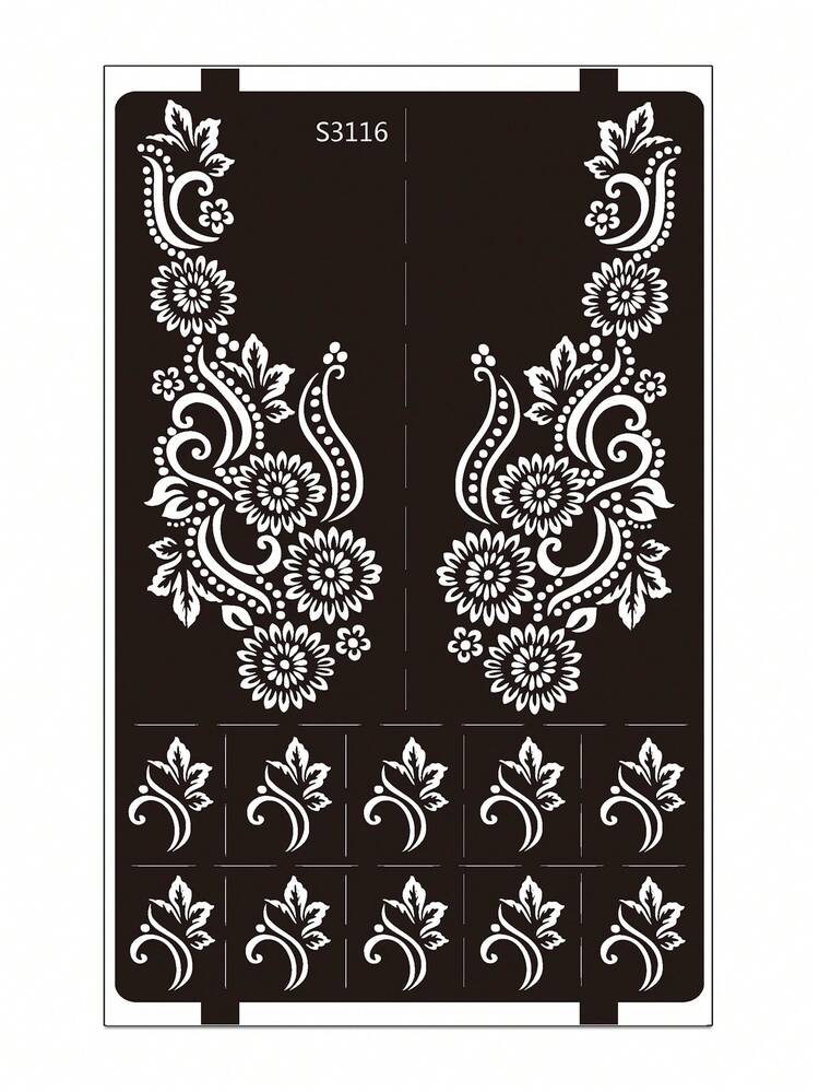 Hana Hand-Drawn Hollow Floral Tattoo Stencil - Sexy Floral Pattern, Suitable For Hands, DIY Painting, Ink, Reusable Mandala Design Template Stickers, Suitable For Women Body Party Makeup - Black - View 9