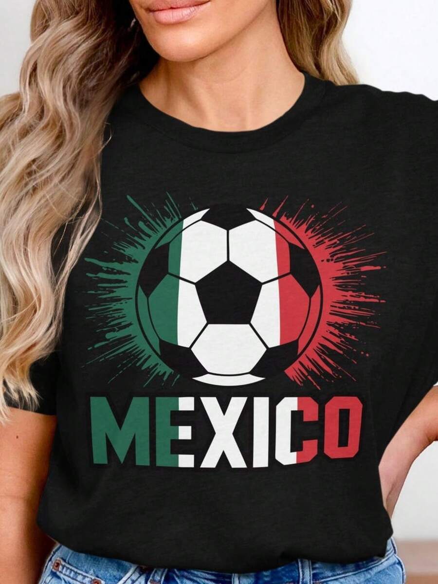 Mexico Soccer Jersey, Soccer Jersey With Mexican Flag, Green, White And Red Jersey With Soccer Ball, Soccer Graphic Jersey Of Mexico, Mexican National Pride Jersey - 黑色 - 查看 1