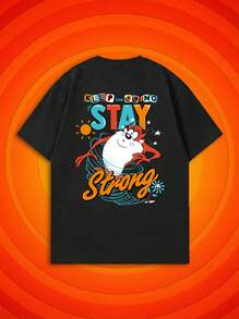 SHEIN X Looney Tunes 夏季女款短袖經典卡通螃蟹勵志標語趣味圖案T恤，適合日常通勤穿搭 - 黑色 - 查看 1