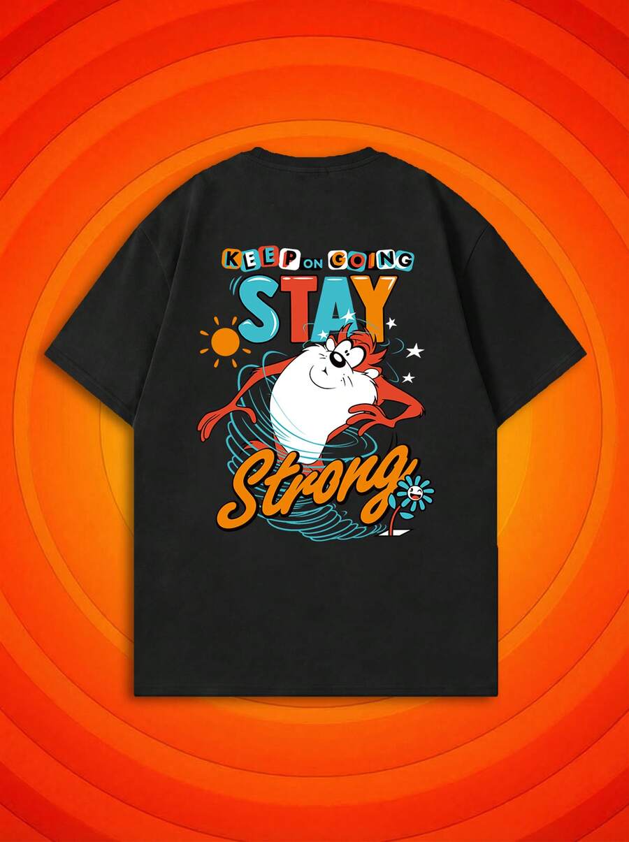 SHEIN X Looney Tunes 夏季女款短袖經典卡通螃蟹勵志標語趣味圖案T恤,適合日常通勤穿搭 - 黑色 - 查看 1