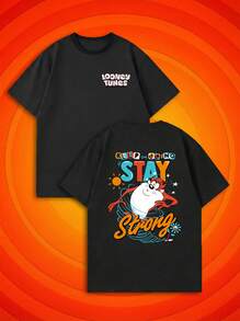 SHEIN X Looney Tunes 夏季女款短袖經典卡通螃蟹勵志標語趣味圖案T恤，適合日常通勤穿搭 - 黑色 - 查看 2