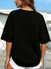 PAYEAH Vintage T-Shirt 1 Piece 100% Cotton With "Mama" Letter Print And Round Neck - Soft Polyester Short Sleeve Top With Medium Elasticity For Spring And Summer - Relaxed Fit, Casual, Alphabet Print, Positioned Print, Regular Length, Knit Fabric, Thick Cotton T-Shirt For All Seasons. - 黑色 - 查看 4