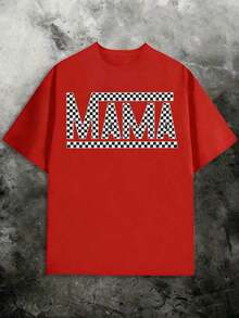 NewSummerCasualPAYEAH 1 pieza Camiseta de Cuello Redondo con Estampado de Letras "Mama" 100% Algodón - Top de Manga Corta de Poliéster Suave y de Elasticidad Media para Primavera y Verano - Corte Relajado, Casual, Estampado de Alfabetos, Impresión Posicionada, Largo Regular, Tejido de Punto, Uso en Todas las Estaciones, Camiseta de Algodón Grueso de 220g - Estilo Urbano Vintage, Camiseta Unisex de Algodón Holgada de Manga Corta y Cuello Redondo - Rojo - Ver 2