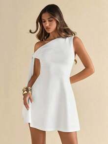 de línea A elegante con volante y ajuste ceñido con lazo en el hombro asimétrico para mujer, color negro - Blanco - Ver 5
