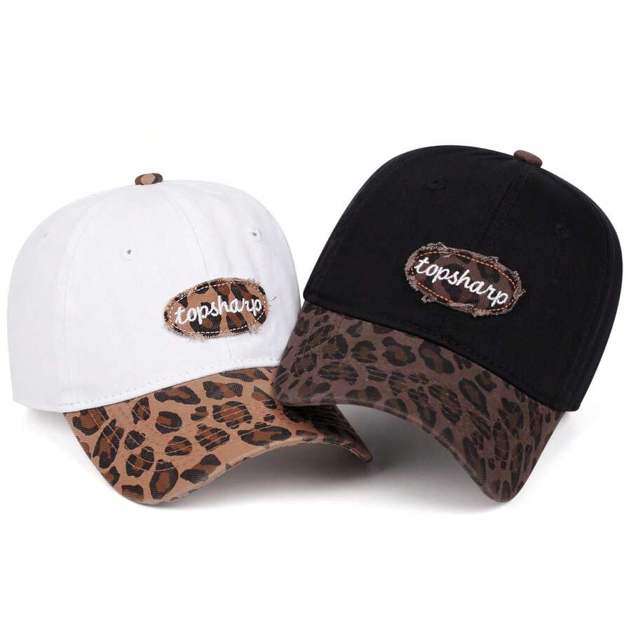 1 pieza Gorra de béisbol con bordado de letra Topsharp, ala con estampado de leopardo y ala curva, gorra de papá de estilo urbano - A - Ver 1