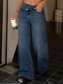 Jeans rectos de cintura baja con banda de cintura elegante para mujer - Azul lavado medio - Ver 2