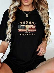 ClassicAlgodón Texas Camisa de con estampado digital de  gramos Estilo Vaquero 1 unidad de% algodón Camisa de casual de manga corta para mujer Americana Clásica VintageSummer Tee - Negro - Ver 1