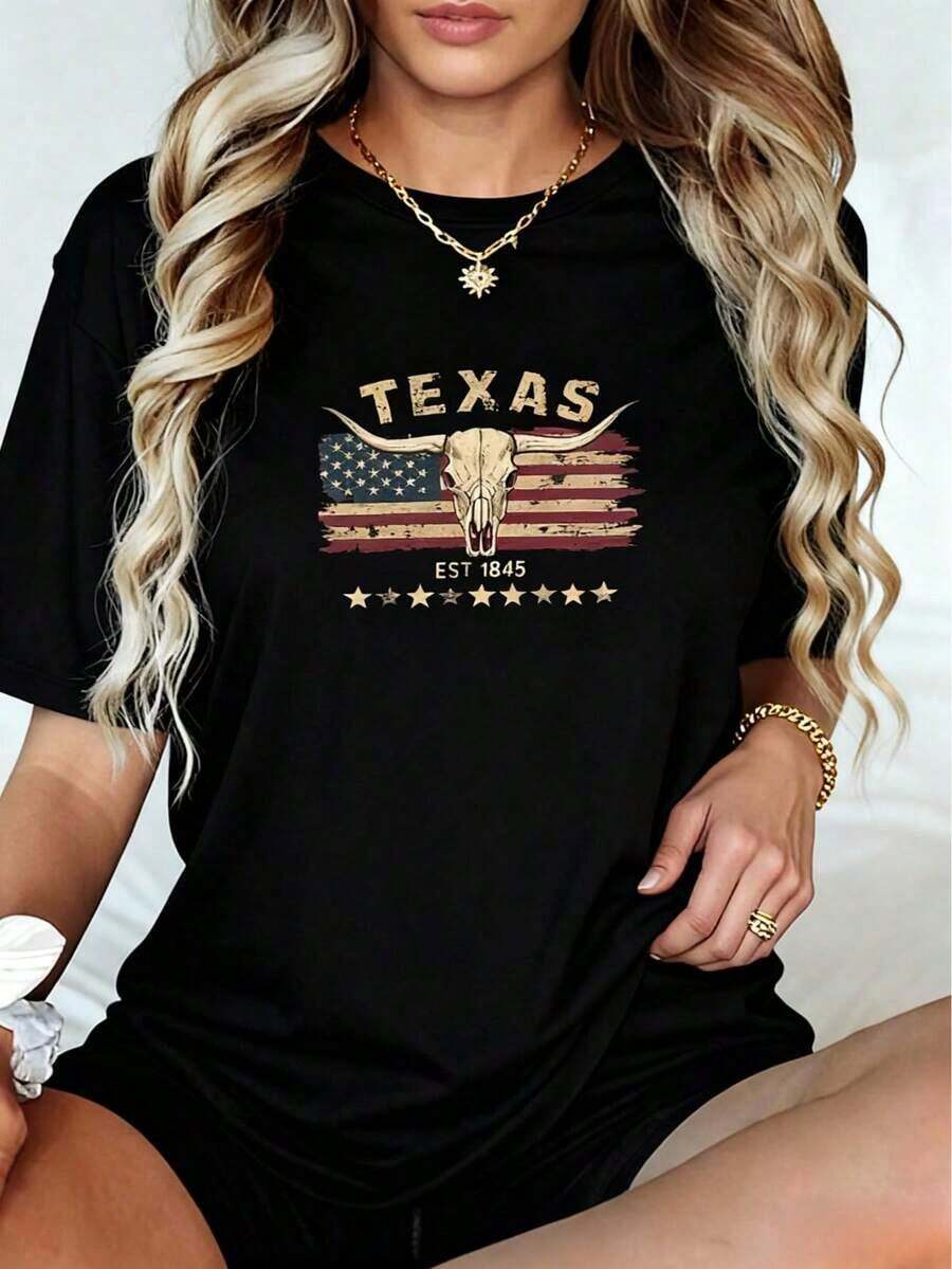 ClassicAlgodón Texas Camisa de con estampado digital de gramos Estilo Vaquero 1 unidad de% algodón Camisa de casual de manga corta para mujer Americana Clásica VintageSummer Tee - Negro - Ver 1