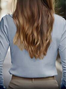 de unicolor de estilo europeo y americano de , diseño de cuello de satén, blusa elegante de manga larga y ajuste ceñido para primavera - Celeste - Ver 3