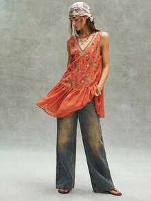 Vestido sin mangas con bordado de lentejuelas para vacaciones casual - Naranja Quemada - Ver 5